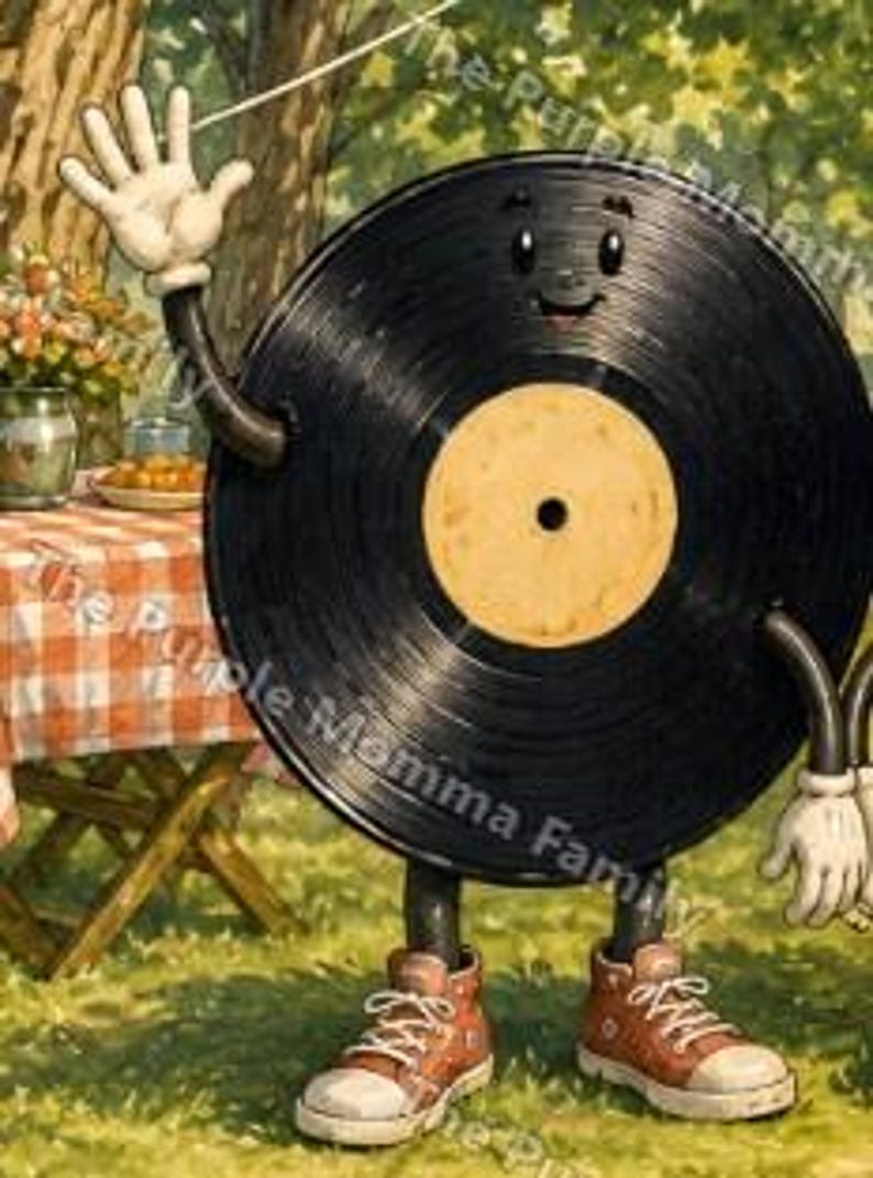 Puede incluir: Un personaje de disco de vinilo negro con una etiqueta central color canela, una cara sonriente y manos con guantes blancos. El personaje usa zapatillas altas marrones con cordones y suelas blancas, de pie sobre un c&eacute;sped junto a una mesa.