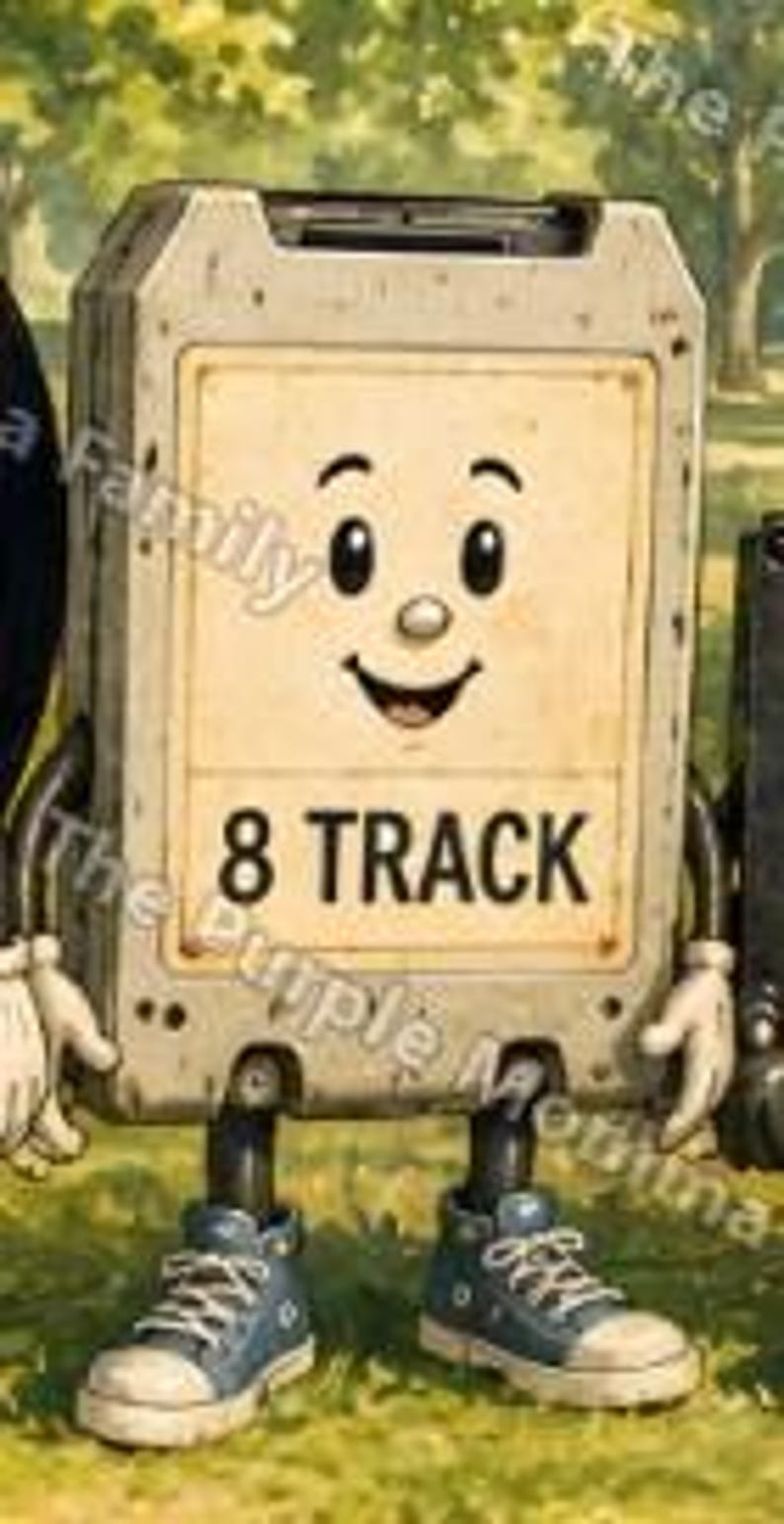 Puede incluir: Un personaje de cinta de 8 pistas rectangular con cara de color beige claro, expresi&oacute;n de dibujos animados sonriente y texto negro que dice 8 TRACK. La figura tiene brazos negros delgados con guantes blancos y usa zapatillas de lona azules.