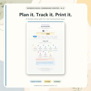 May include: A digital homeschool command center K-2 planner interface featuring the text Plan it. Track it. Print it. A flexible daily path for real homeschool days. The screen displays a My Learning Path dashboard with Today's Path and 8 steps.