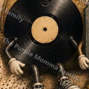 May include: A black vinyl record character with a beige center label, featuring a smiling face, two arms with white gloves, and two legs wearing black and white high-top sneakers. The text The Purple Momma Family is overlaid on the image.