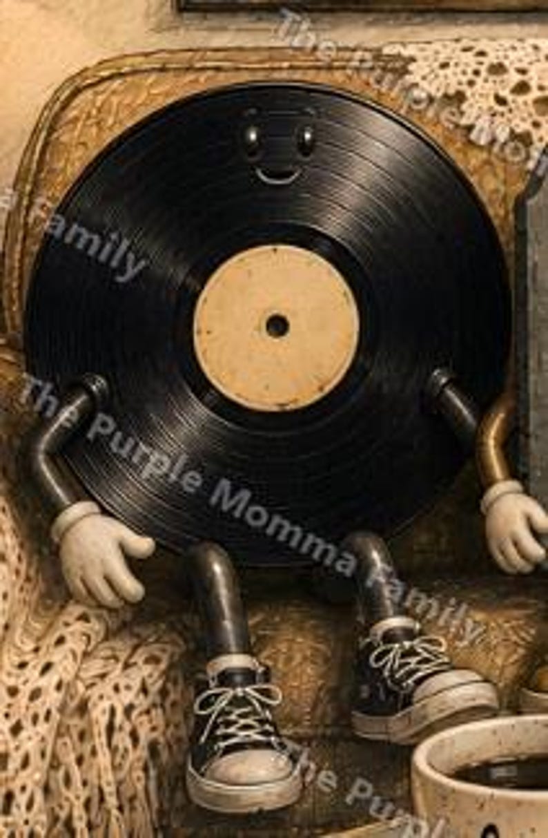May include: A black vinyl record character with a beige center label, featuring a smiling face, two arms with white gloves, and two legs wearing black and white high-top sneakers. The text The Purple Momma Family is overlaid on the image.