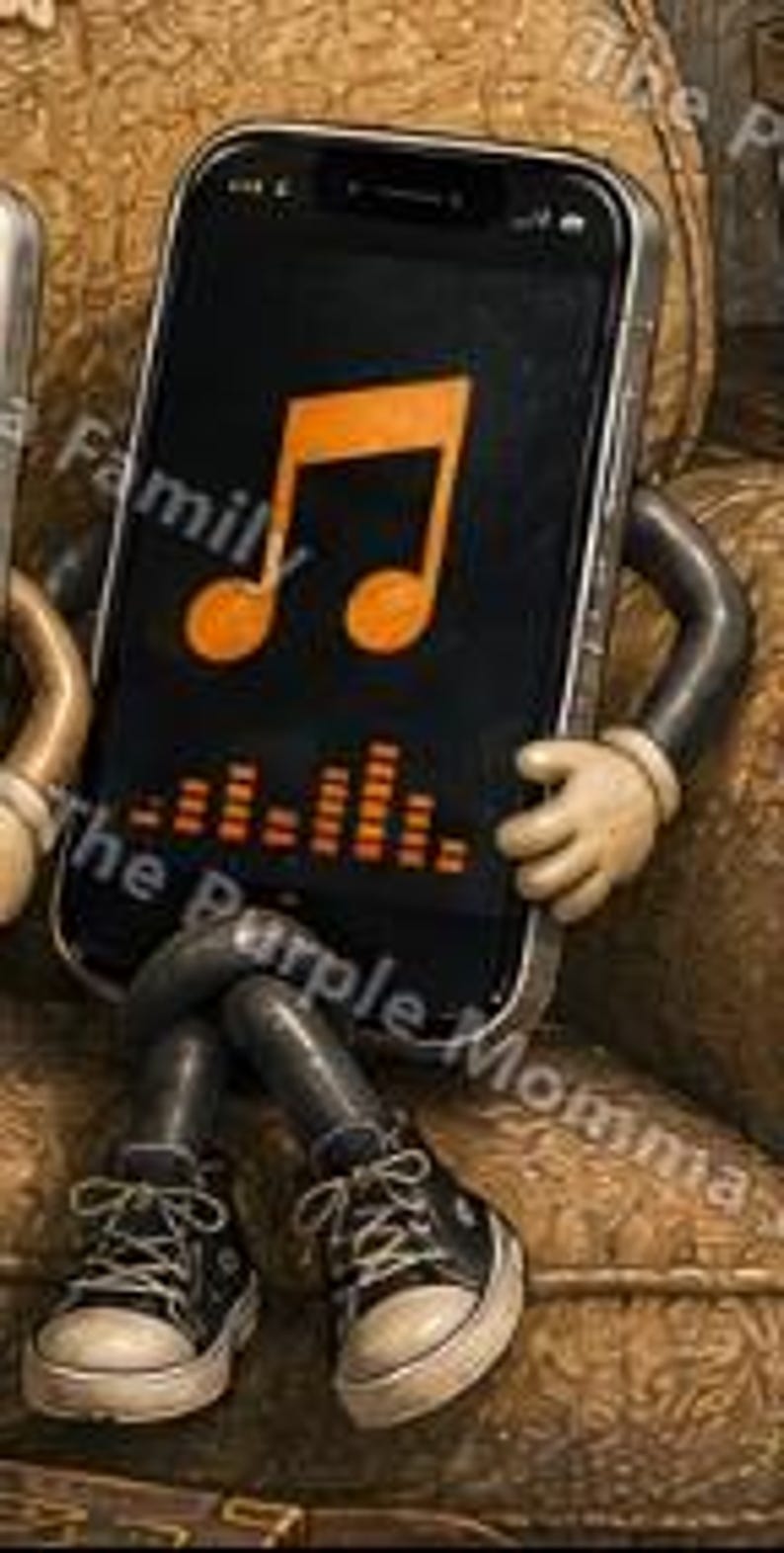 May include: A smartphone character with black arms and legs wearing black and white sneakers. The screen displays a large orange musical note icon above an orange sound wave graphic. The device has a metallic frame and is posed in a seated position.