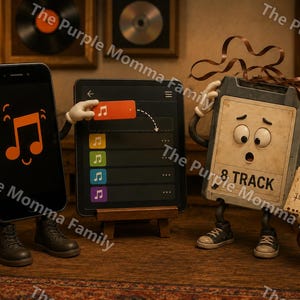 May include: A black smartphone character with arms and legs stands next to a tablet on a stand, while a gray 8-track tape character with tangled brown tape and a sign reading "Playlist?" looks on. The smartphone screen displays a music note icon.