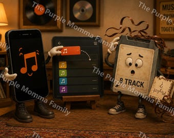 May include: A black smartphone character with arms and legs stands next to a tablet on a stand, while a gray 8-track tape character with tangled brown tape and a sign reading "Playlist?" looks on. The smartphone screen displays a music note icon.