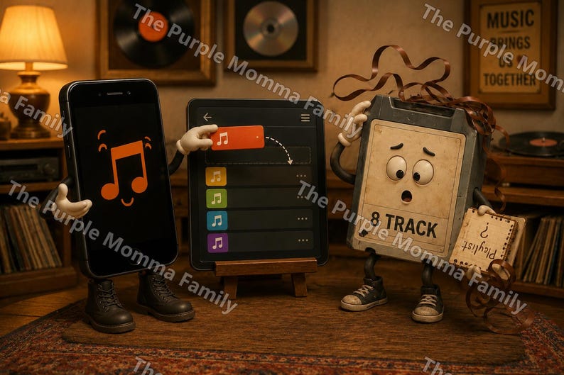 May include: A black smartphone character with arms and legs stands next to a tablet on a stand, while a grey 8-track tape character with tangled brown tape and a sign reading "Playlist?" looks on. The smartphone screen displays a music note icon.