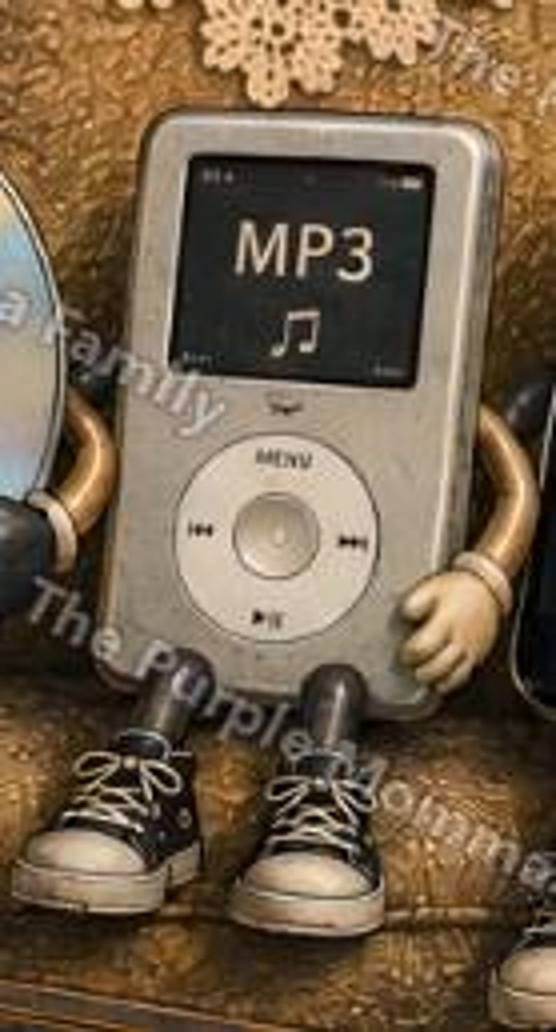 May include: A silver digital music player with a rectangular screen displaying the text MP3 and a musical note icon. The device features a circular navigation wheel with menu and playback controls, attached to tan arms and black lace-up sneakers.