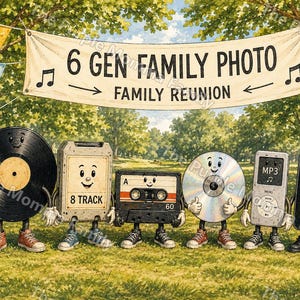 Puede incluir: Una pancarta con el texto 6 GEN FAMILY PHOTO FAMILY REUNION cuelga sobre seis dispositivos musicales antropom&oacute;rficos, incluyendo un disco de vinilo, una cinta de 8 pistas, un casete, un CD, un reproductor MP3 y un tel&eacute;fono inteligente.