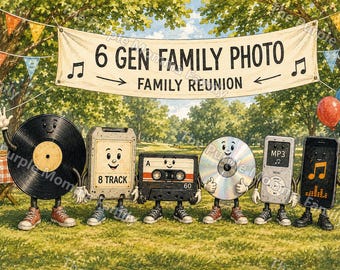 May include: A banner reading 6 GEN FAMILY PHOTO FAMILY REUNION hangs above six anthropomorphic music devices including a vinyl record, 8-track tape, cassette, CD, MP3 player, and smartphone, all standing on grass with colorful bunting and balloons.
