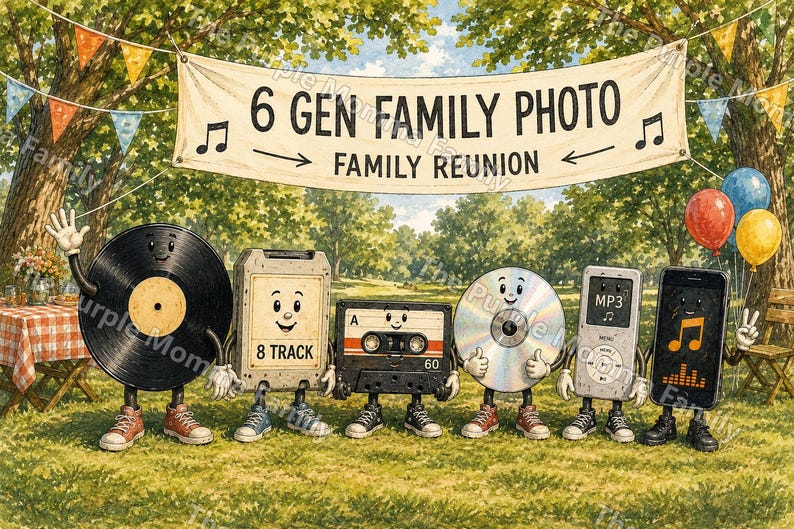 Puede incluir: Una pancarta con el texto 6 GEN FAMILY PHOTO FAMILY REUNION cuelga sobre seis dispositivos musicales antropom&oacute;rficos, incluyendo un disco de vinilo, una cinta de 8 pistas, un casete, un CD, un reproductor MP3 y un tel&eacute;fono inteligente.