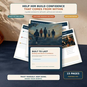 May include: A 15-page printable PDF workbook titled Built to Last: Building Self-Worth & Confidence. The cover features an illustration of five individuals walking up stone stairs toward a sunset. Includes sections for journaling and strategies.