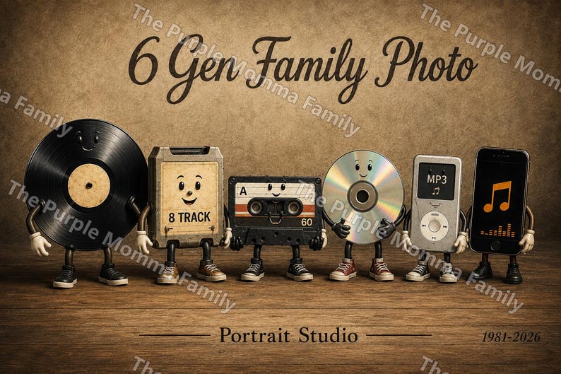 May include: A digital illustration titled 6 Gen Family Photo featuring six anthropomorphic music devices standing in a row: a vinyl record, an 8-track tape, a cassette tape, a compact disc, an MP3 player, and a smartphone, all with arms and legs.