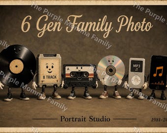 May include: A digital illustration titled 6 Gen Family Photo featuring six anthropomorphic music media characters: a vinyl record, an 8-track tape, a cassette tape, a CD, an MP3 player, and a smartphone, all standing in a row with arms and legs.