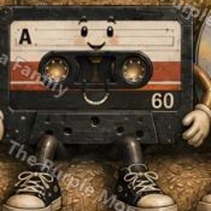 May include: A black and white cassette tape character with a smiling face, wearing black and white sneakers. The cassette features the letter A, the number 60, and two circular spools. The design includes a cartoonish aesthetic with arms and legs.