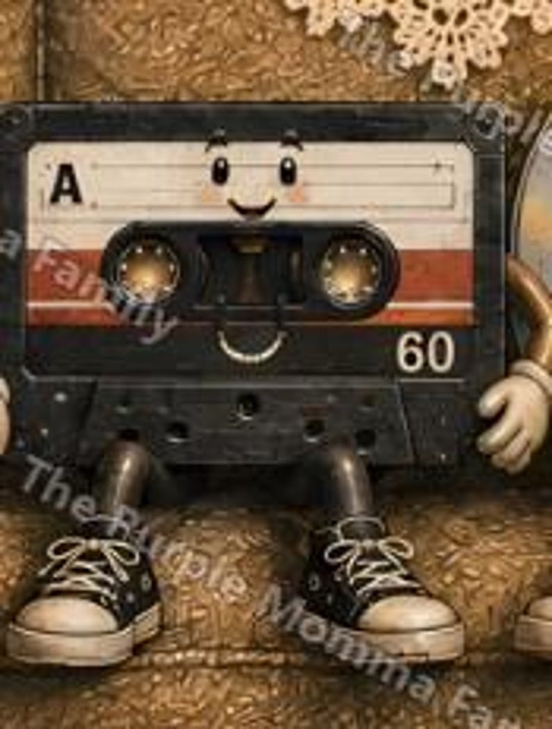 May include: A black and white cassette tape character with a smiling face, wearing black and white sneakers. The cassette features the letter A, the number 60, and two circular spools. The design includes a cartoonish aesthetic with arms and legs.