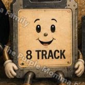 May include: A rectangular 8-track tape character with a smiling face, dark gray metal frame, and tan center panel. The figure has articulated arms with white gloves and wears brown lace-up shoes, sitting upright with a cheerful expression.