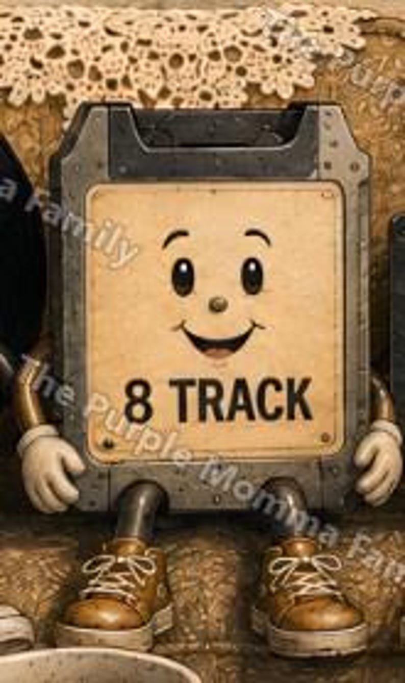 May include: A rectangular 8-track tape character with a smiling face, dark gray metal frame, and tan center panel. The figure has articulated arms with white gloves and wears brown lace-up shoes, sitting upright with a cheerful expression.