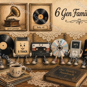 May include: A whimsical illustration of six anthropomorphic music media characters sitting on a sofa, including a vinyl record, 8-track, cassette, CD, MP3 player, and smartphone. A coffee mug and a book titled Our Family's Soundtrack sit nearby.