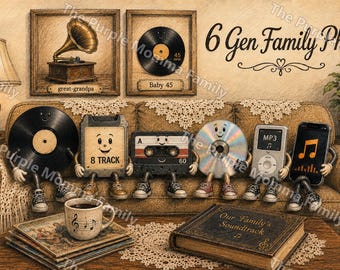 May include: A whimsical illustration of six anthropomorphic music media characters sitting on a sofa, including a vinyl record, 8-track, cassette, CD, MP3 player, and smartphone. A coffee mug and a book titled Our Family's Soundtrack sit nearby.