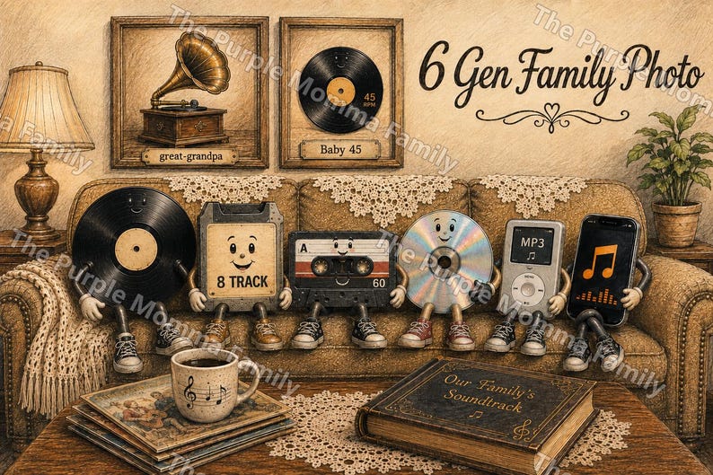May include: A whimsical illustration of six anthropomorphic music media characters sitting on a sofa, including a vinyl record, 8-track, cassette, CD, MP3 player, and smartphone. A coffee mug and a book titled Our Family's Soundtrack sit nearby.