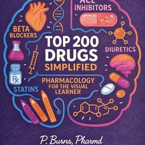May include: A purple educational poster titled Top 200 Drugs Simplified: Pharmacology for the Visual Learner by P. Burns, Pharmd. The design features a brain outline containing medical illustrations like a heart, DNA, pills, and syringes.