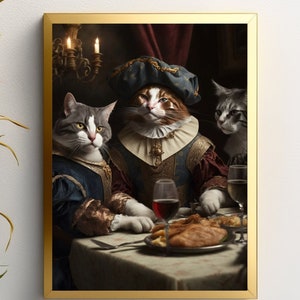 Cats at the Dinner Table, Digital Download - Absurdist Art - Cat Surrealism - Victorian Cats - Funny Cat Poster - Vintage Cat Portrait