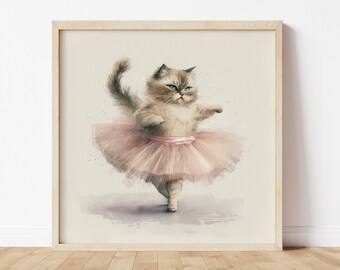 Ballet Kitty Art, Digital Download - Pretty Art for Girl&#39;s Room - Cute Cat Wall Decor Art Print - Watercolor Painting- Cute Girly Poster