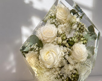 8" x 6" GEM / CRYSTAL Flower Preservation Block, Custom Wedding Bouquet Preservation, Memorial Flowers in Resin, Floral Keepsake