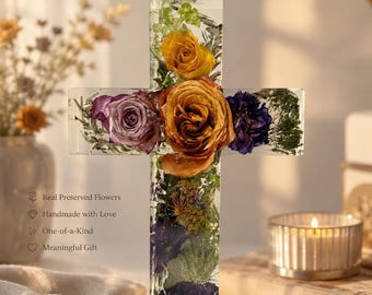 Large Dried Flower Resin Cross: Spiritual Memorial Gift (7x12”)