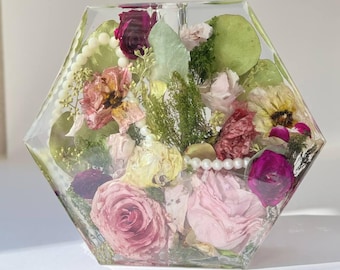 9" Hexagon Bouquet Preservation Block: Dried Flower Resin Art