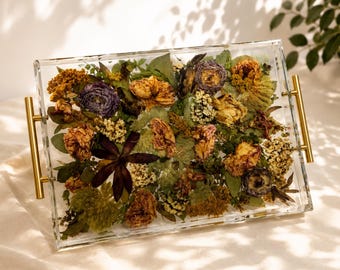 Large Resin Flower Tray | Preserved Wedding Bouquet Display | Acrylic Serving Tray with Gold Handles