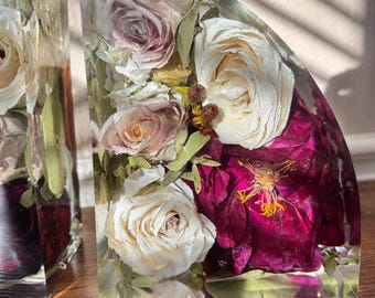 Preserved Wedding Bouquet Resin Bookends, Floral Home Decor (7x5"