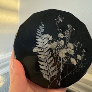 Flower  in a black COASTER, Handmade, Modern Tableware, Boho home decor, Custom drink and Barware Coasters gift Christmas thanksgiving