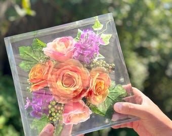Bloco de resina para preservação de buquê de noiva, bloco de resina para preservação de flores, buquê em cubo de resina para preservação floral.