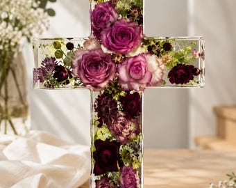 Large Dried Flower Resin Cross: Spiritual Memorial Gift (7x12”)