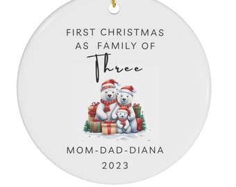 First Christmas as a Family of Three Family Ornament - Customized - Personalized Ornaments - Hedgehog-Cats-Snowman-Baby Christmas-Bears