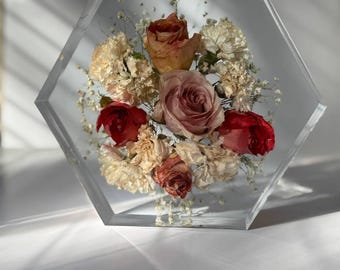 9" Hexagon Bouquet Preservation, Preserved Flower Block Dried Flower Preservation, Resin Preservation, Flower Light,  Home Decor