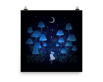 Giclée Print Poster, Fungi Forest Art Print, Boho Wall Decor Original Illustration Celestial Moon Phases Art Drawing Magical Whimsical Wicca