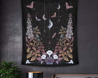 Witch Garden Indoor Wall Tapestries, Boho Wall Hanging Crescent Moon Tapestry, Witchy Wicca Wall Decor Flora and Fauna, Dorm Room Decor