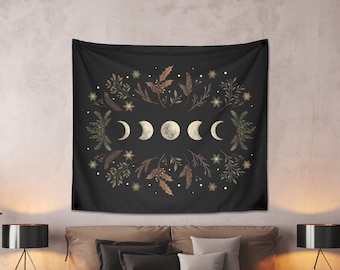 Moonlight Garden - Winter Brown Indoor Wall Tapestries, Boho Wall Hanging Luna Phases Tapestry Wiccan Wall Decor Magical Dorm Room Decor