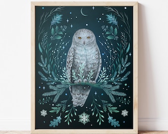 Giclée Print Poster, Snowy Owl Illustration | Moonlit Winter Botanical Scene, magical night, winter holiday, peaceful, calm,sprititual