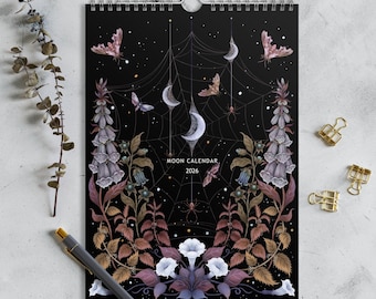 2026 Lunar Calendar – Floral & Botanical Art Print | Moon Phases Wall Calendar | Witchy Decor | Botanical Illustration