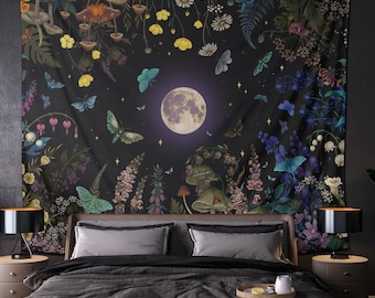 Enchanting Floral full Moon garden Tapestry | Bohemian Wall Art for Dreamy Decor, Living Room, Meditation Space, Nature Lovers, Gift Idea