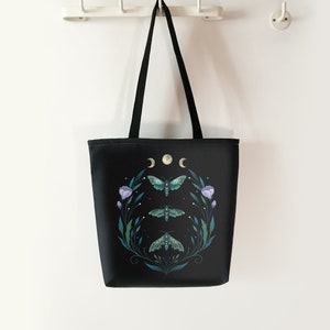 Lime Hawk Moth Tote Bag, Black Tote Bag, Moon Phases, Gift for Her, Shoulder bag, Magical Wicca Floral, Boho Tote bag, Double Sided Design