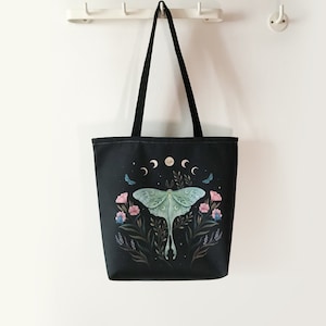 Luna and Forester Canvas Tote Bag, Black Tote Bag, Moon Phases, Gift for Her, Shoulder bag, Magical Wicca Floral, Boho Tote bag