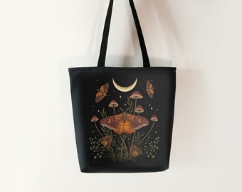 Autumn Light Underwings Canvas Tote Bag, Black Tote Bags, Moth Eco Bag, Gift for Her, Shoulder bag, Magical Wicca, Botany, Boho Tote bag