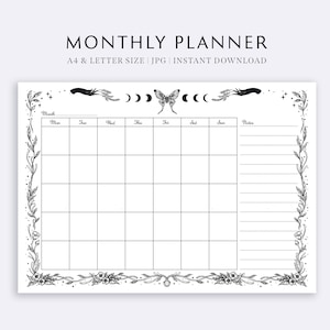 Monthly Planner Printable, Witchy Calendar, Undated,  Monthly Agenda, Magic Spells Planner, Digital Download, Landscape, A4/Letter