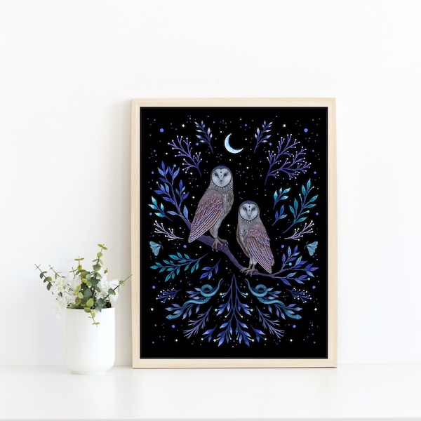 Giclée Print Poster Owls in the Moonlight Art print Original Illustration Boho Wall Decor Handmade Celestial Moon Magical Nocturnal Wicca