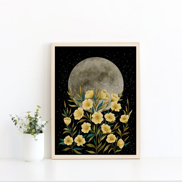 Giclée Print Poster Moon Greeting - Yellow Evening Primrose Art Print, Original Illustration Boho Wall Decor Celestial Magical NightFlowers