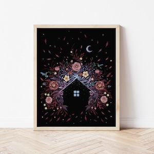 Giclée Print Poster, Windy Tiny House Art Print, Original Illustration Boho Wall Decor Handmade Celestial Moon Phases Magical Flora Wicca