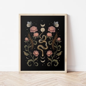 Giclée Print Poster, Serpentine Garden Art Print, Floral Illustration Boho Wand Dekor Celestial Moon Phases Magical Snake Wicca